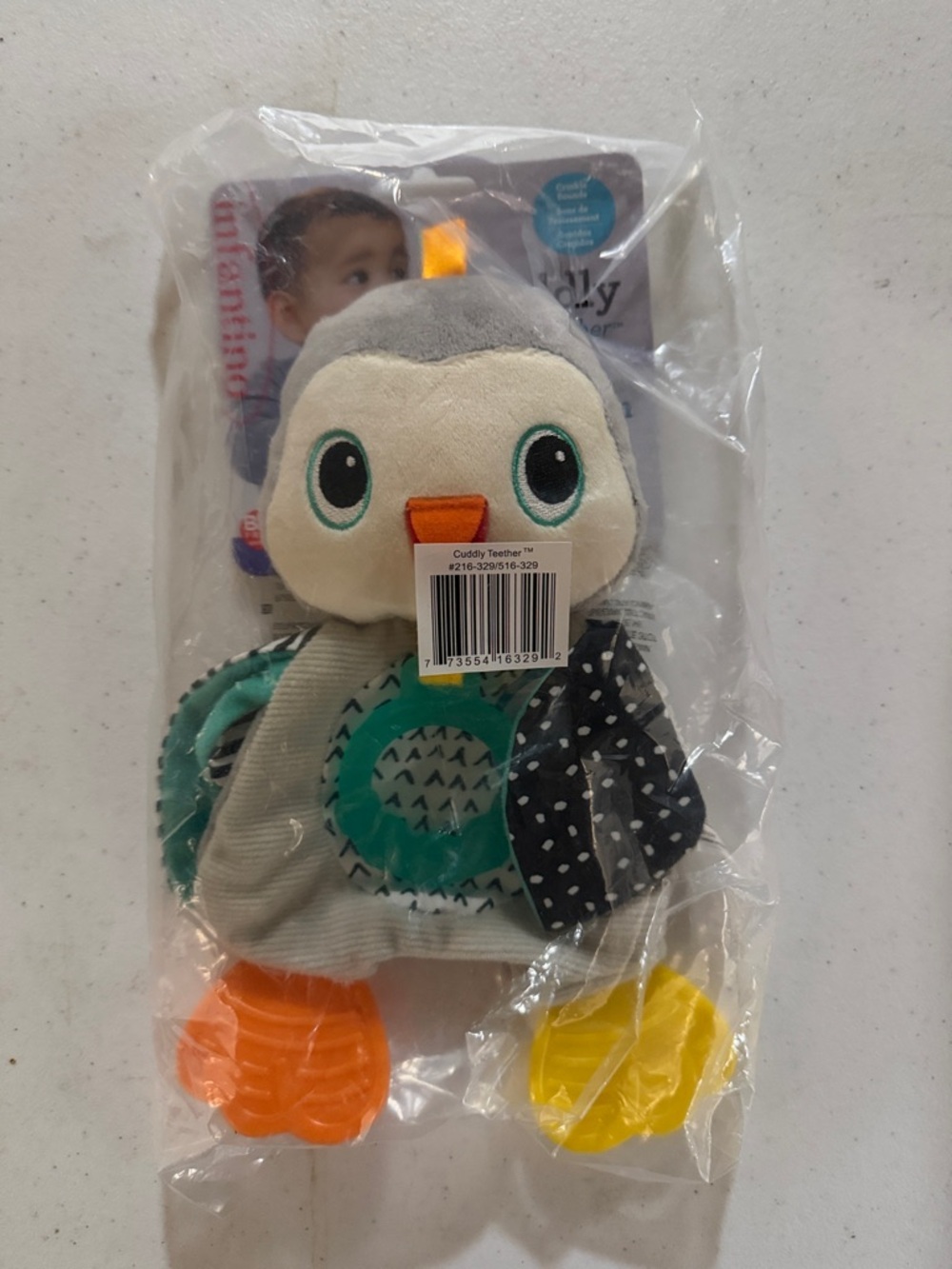 Infantino Gray Teal Penguin Plush Teethed with Orange & Yellow Feet